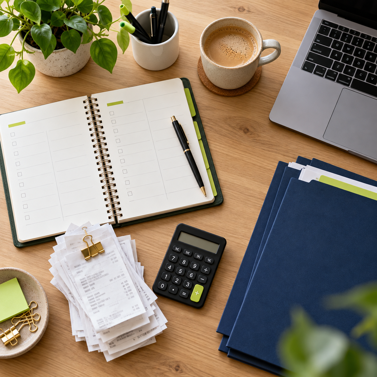 Organised year-end bookkeeping workspace with a checklist, receipts and calculator