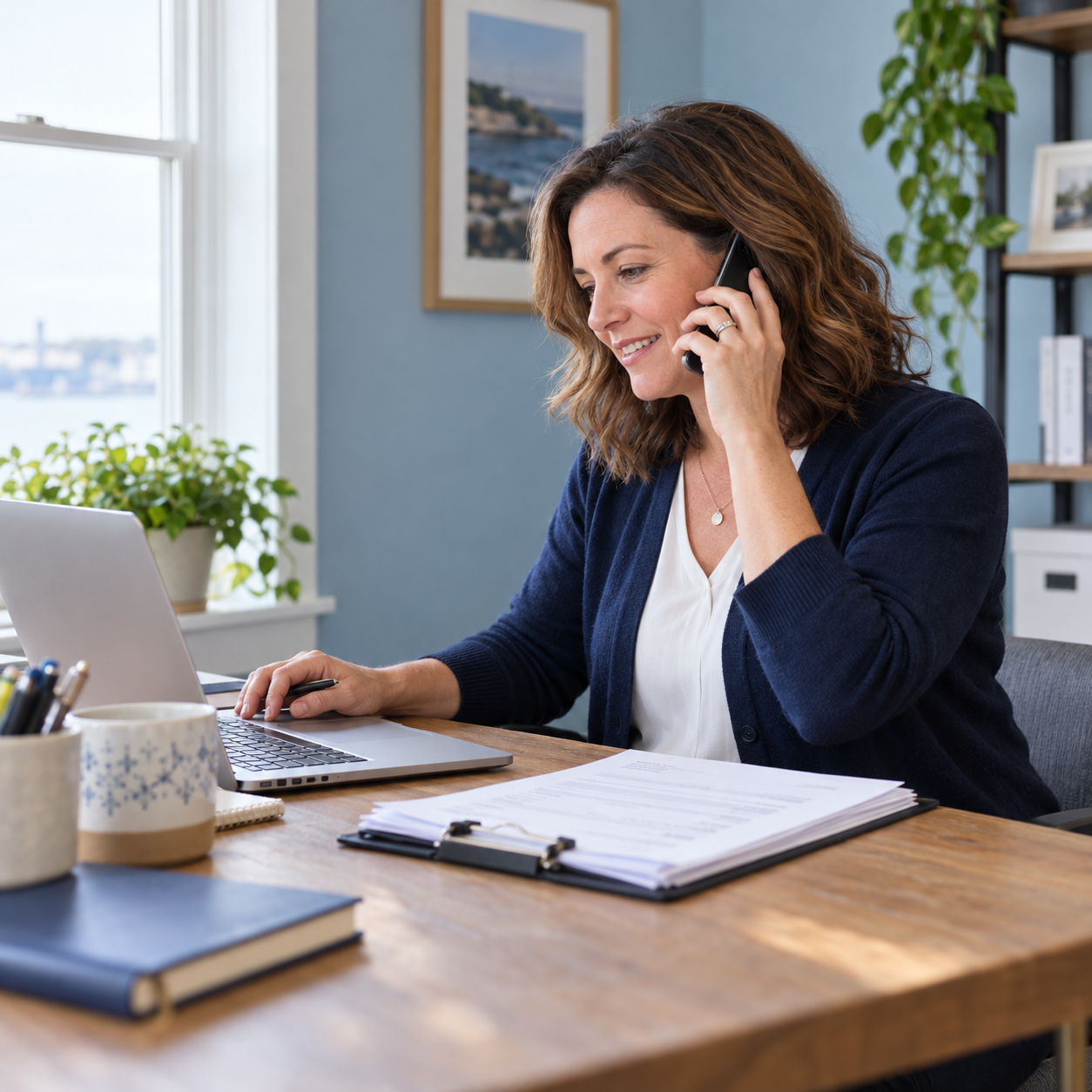Small business owner following up on an invoice by phone at her desk